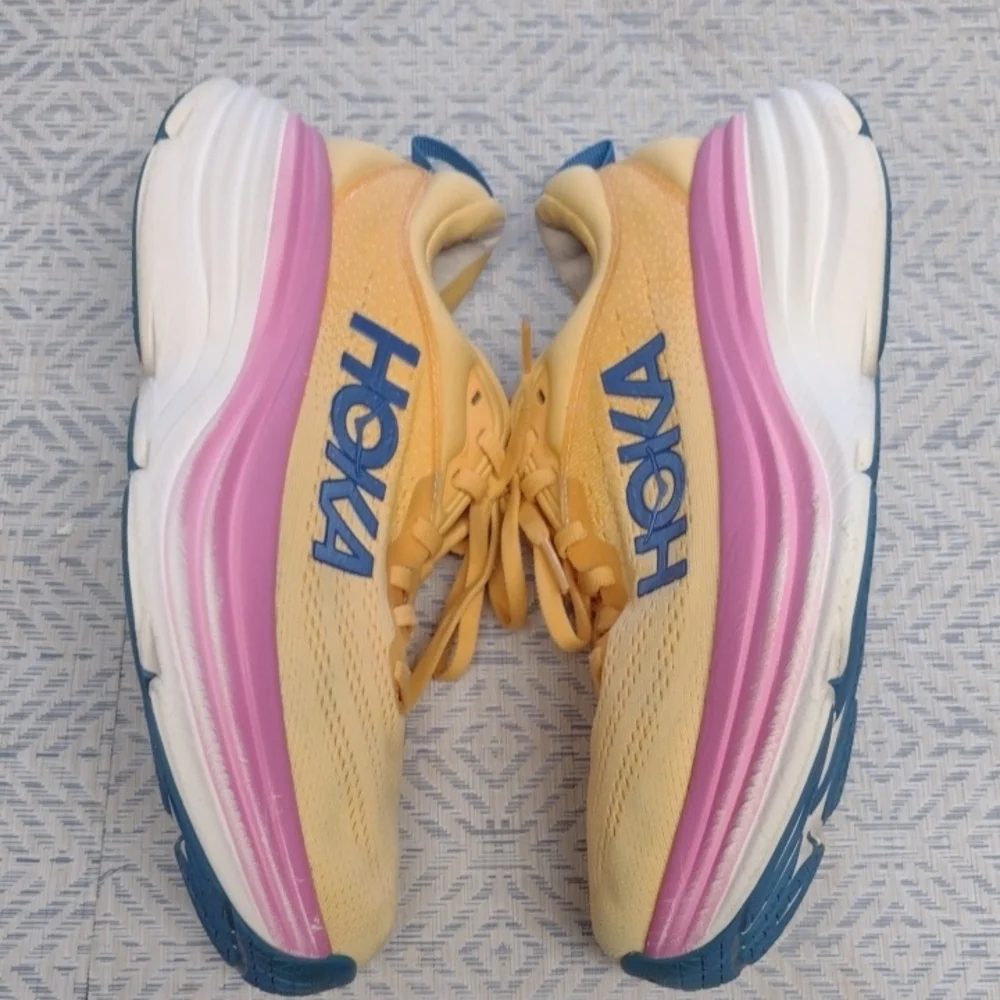 Hoka One One Bondi 8 Women's Yellow and Pink Running Shoes - Picture 7 of 14